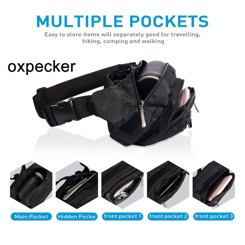 Black waist pack with multiple pocket layout and front zip compartments