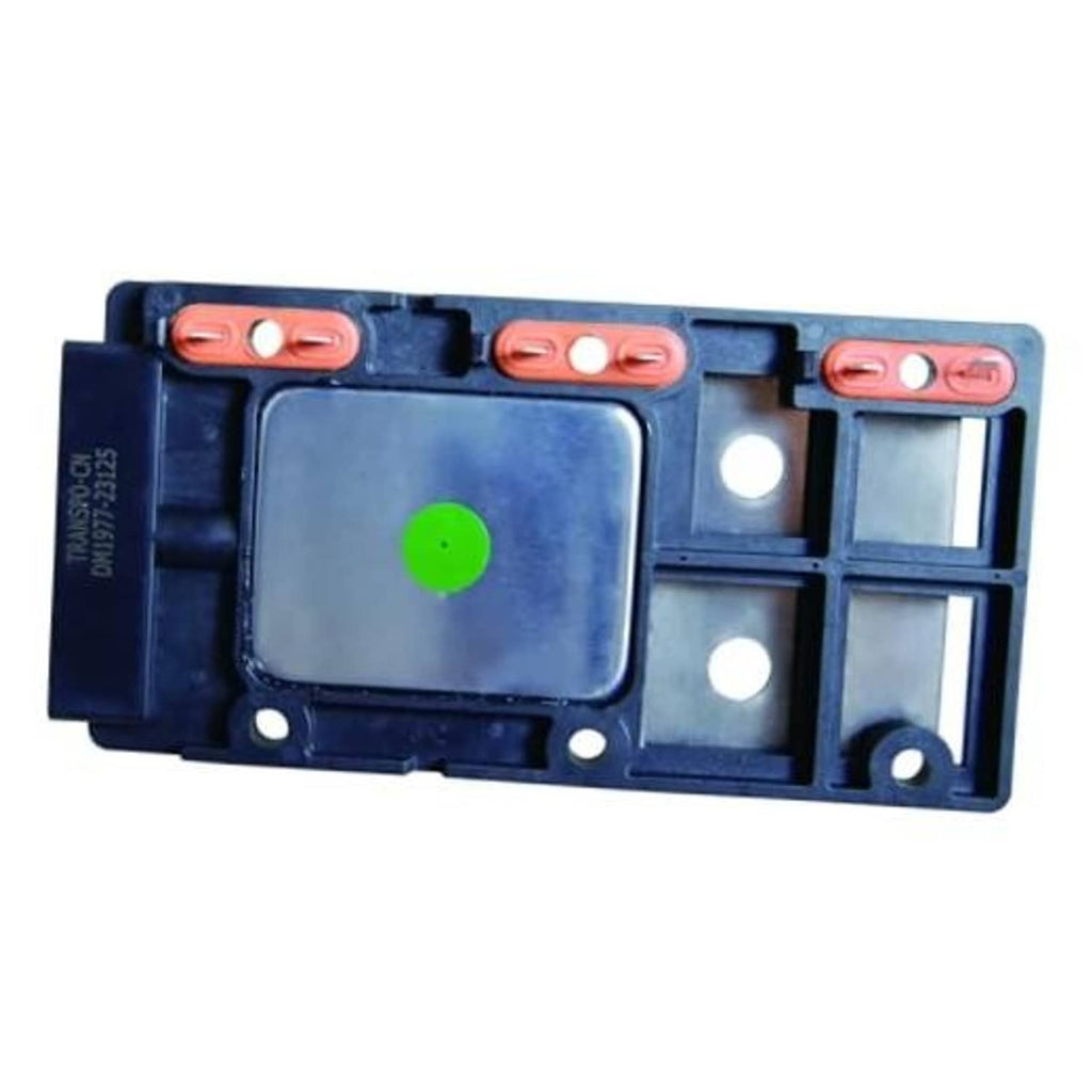 Ignition control module with dark blue casing, red terminals, and green indicator dot