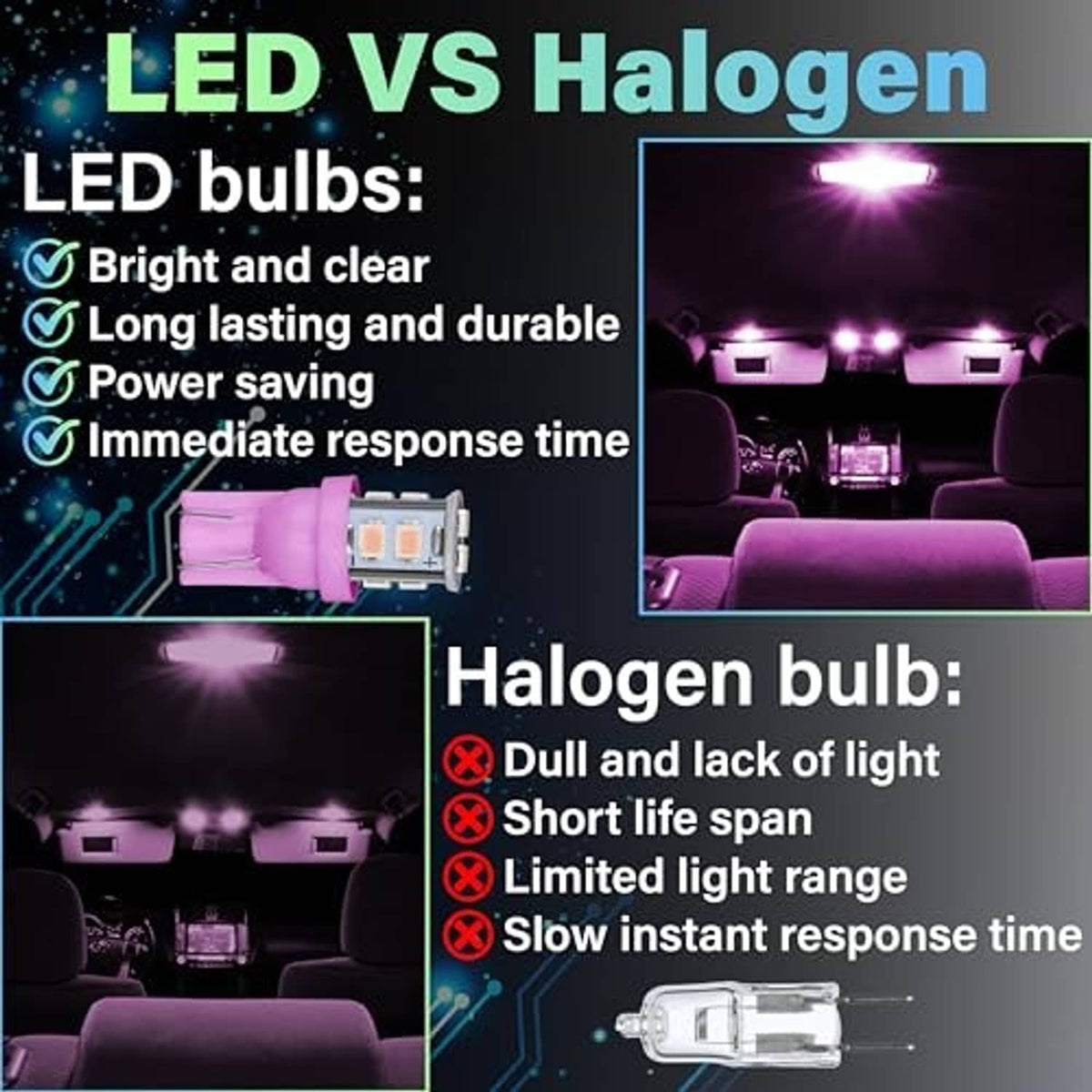 Pink T10 LED dome bulb shown with an illuminated car ceiling light beam