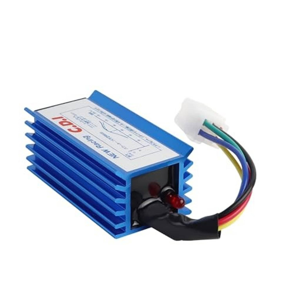 Blue CDI ignition module with label on top, red knob, and white connector plug