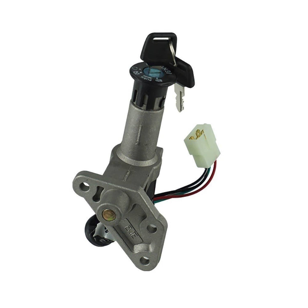 Ignition key switch with two-wire connector, key cylinder, and metal mounting base