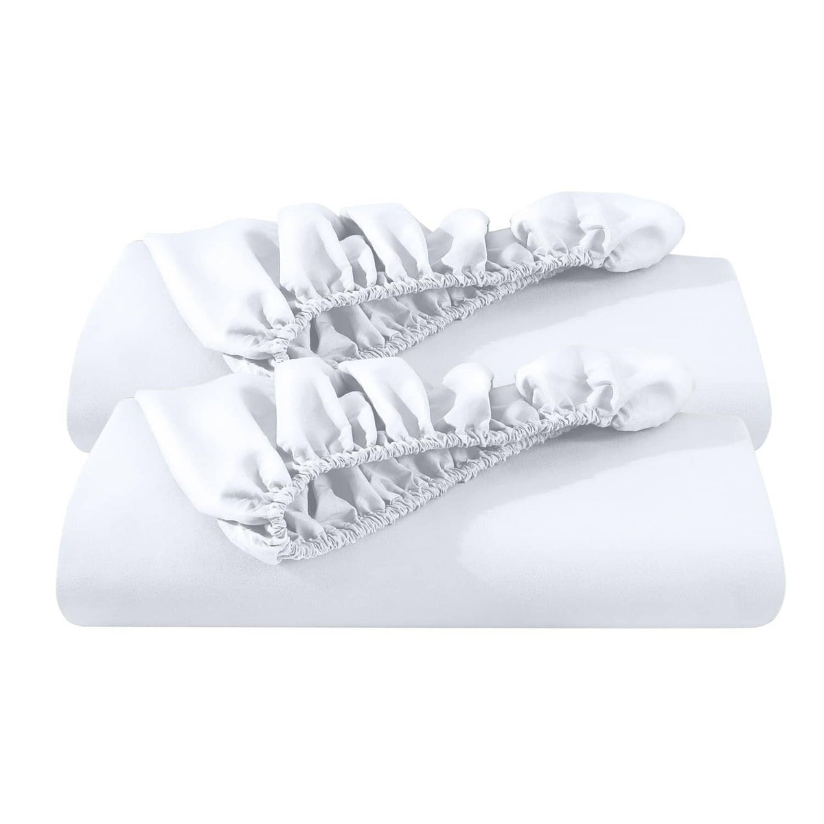 Stack of white fitted sheets showing elastic seam and ruched corner edge detail