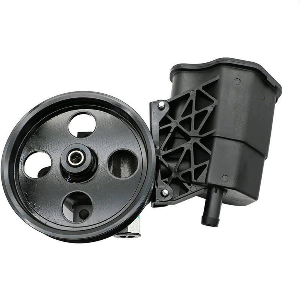 Power steering pump with reservoir and pulley, black housing with silver metal mounting bolts