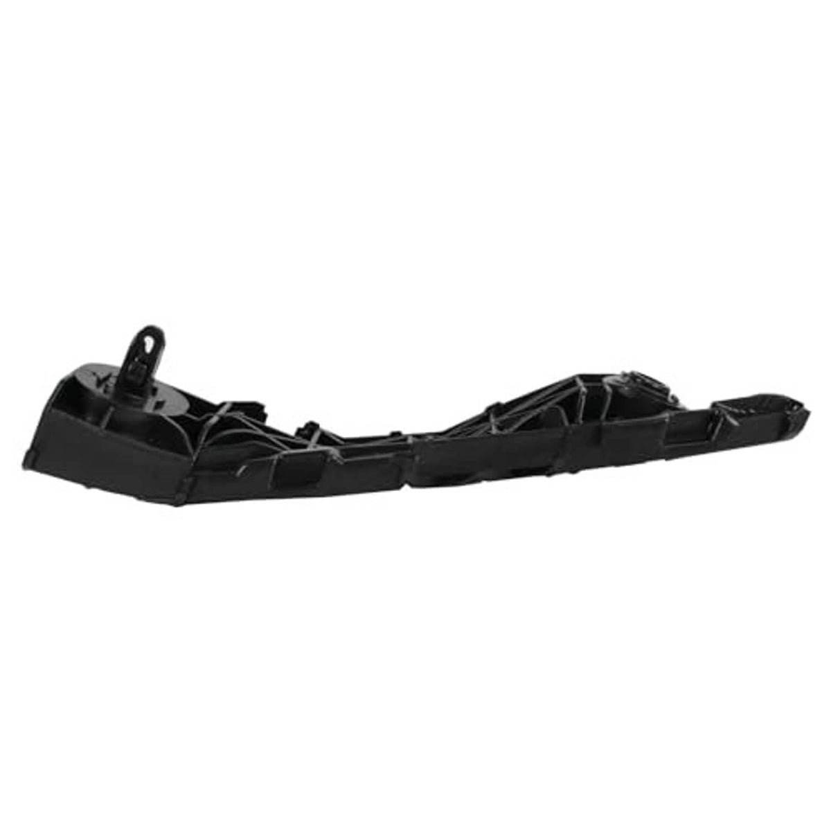 Black plastic front bumper bracket support, long profile with molded grid ribs and tabs
