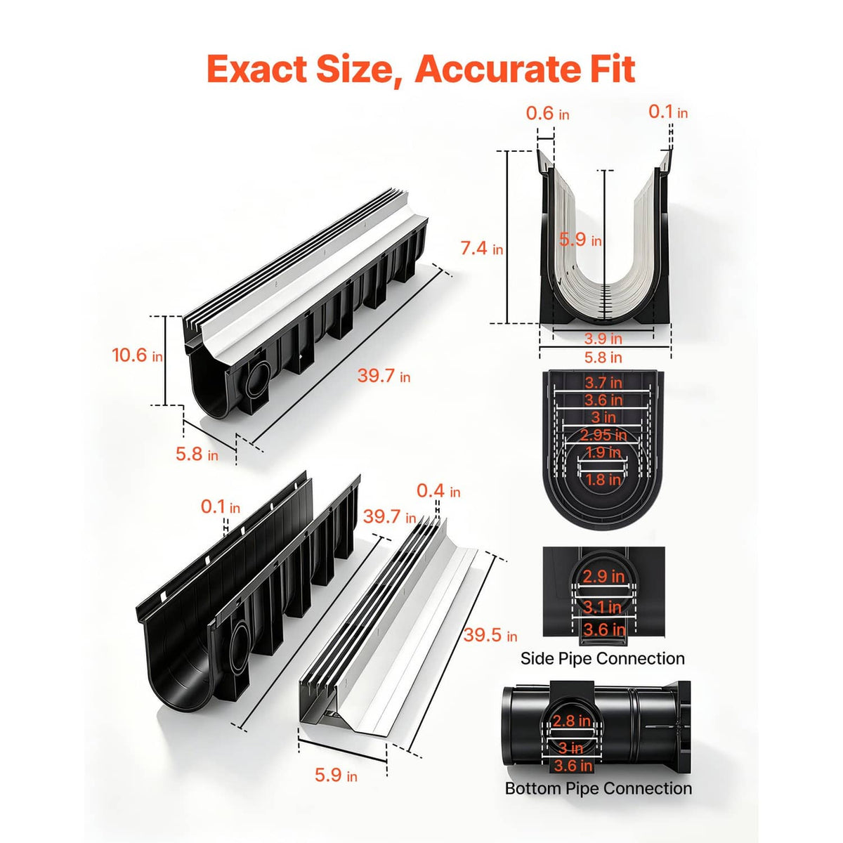 Linear trench drain channel with steel grate, black base and side outlet connections