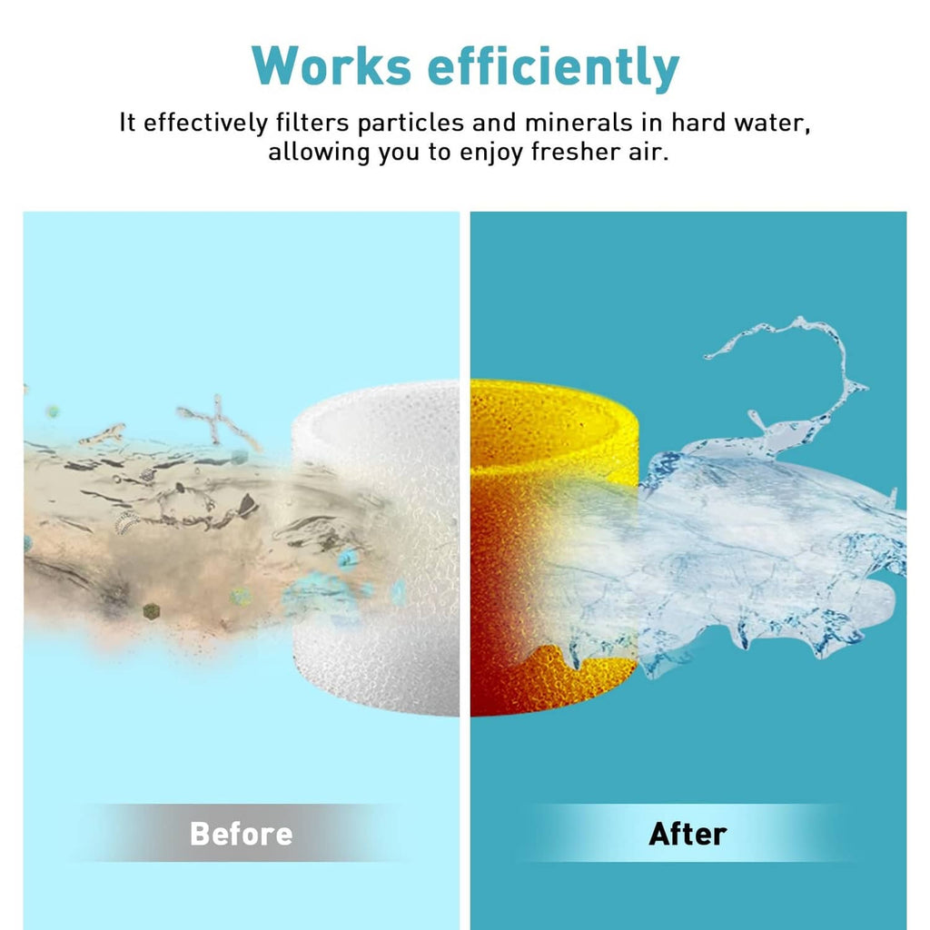 White foam humidifier filter cartridges with before-and-after water effect split