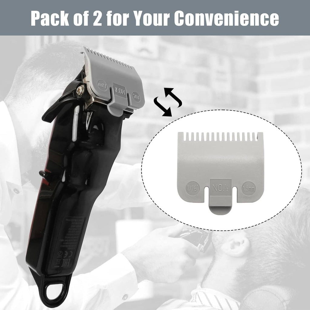 Pack of 2 clipper guard replacements with silver comb guards on a black trimmer
