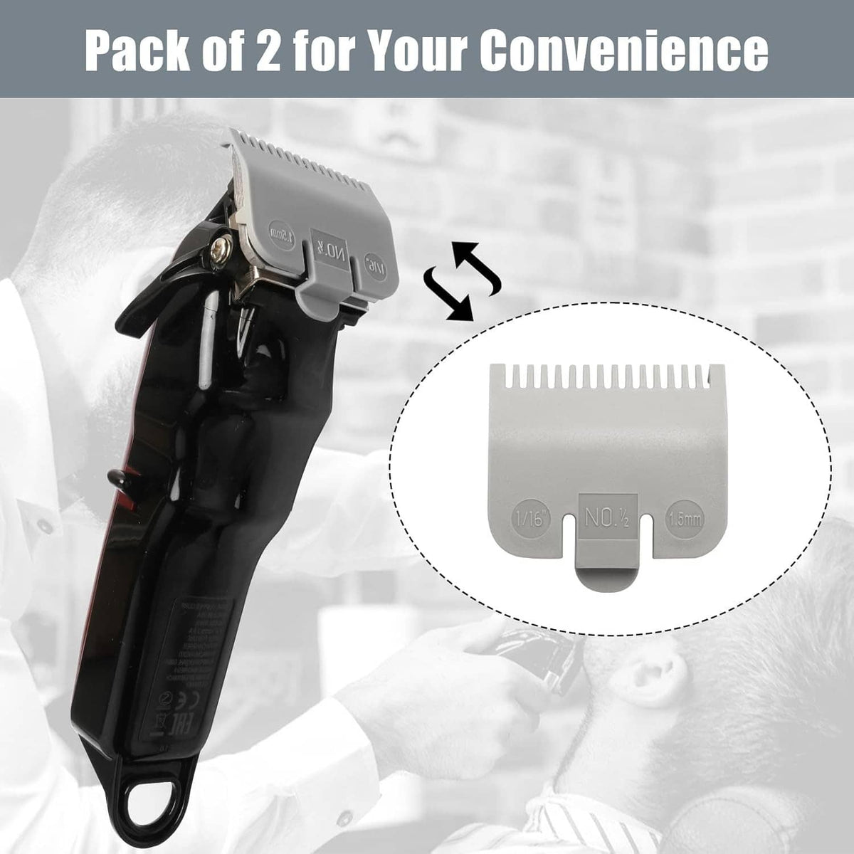 Pack of 2 clipper guard replacements with silver comb guards on a black trimmer