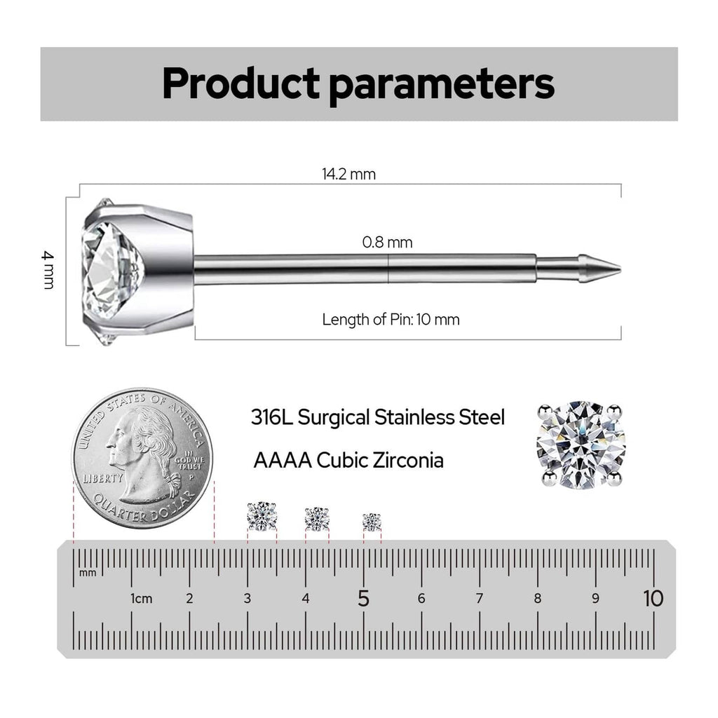 4mm cubic zirconia ear piercing stud diagram with 316L surgical stainless steel post
