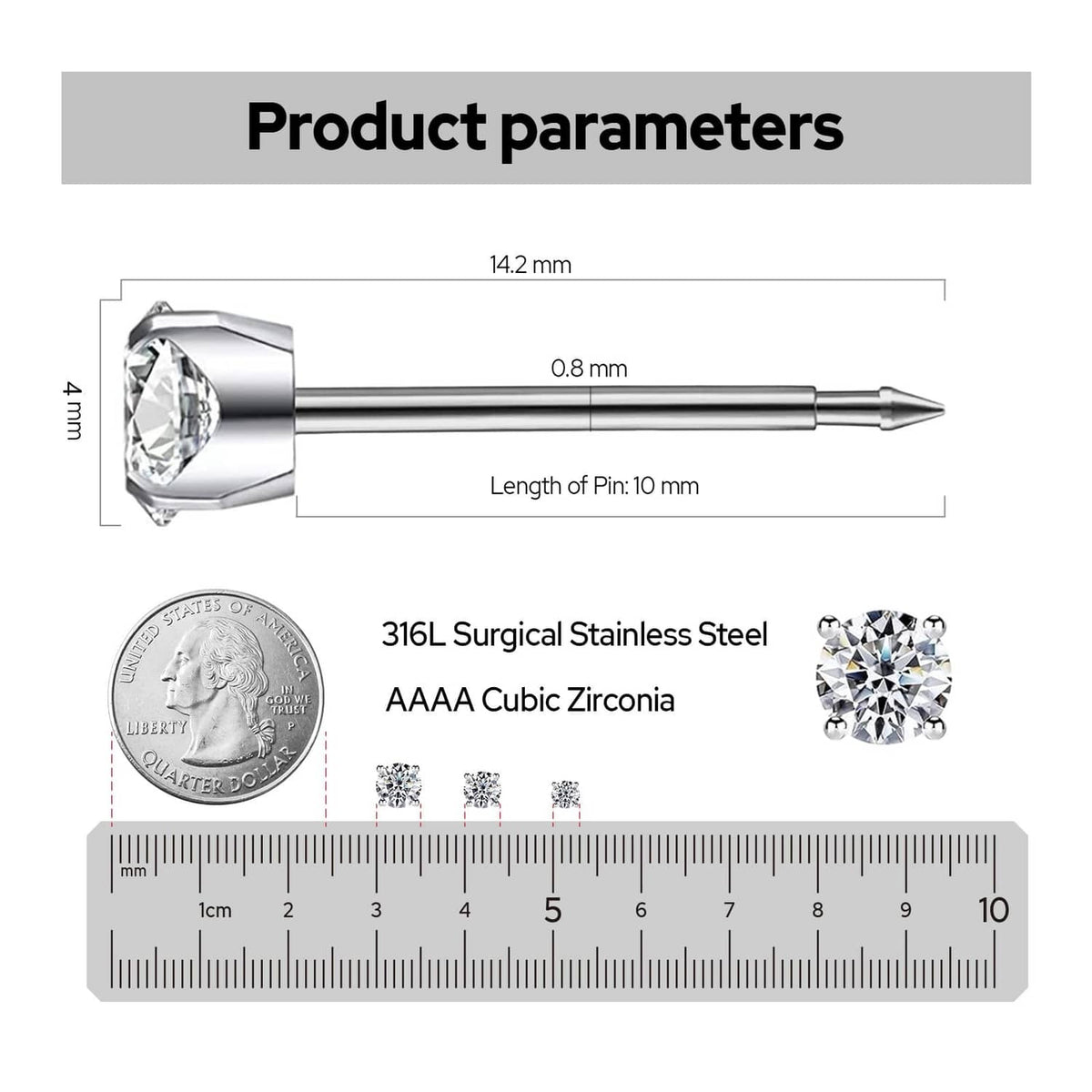 4mm cubic zirconia ear piercing stud diagram with 316L surgical stainless steel post