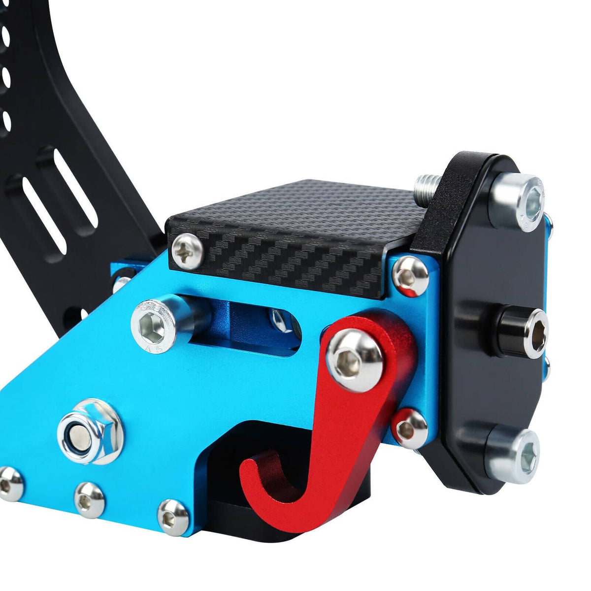 Adjustable racing handbrake controller with carbon-fiber lever top and blue base plate