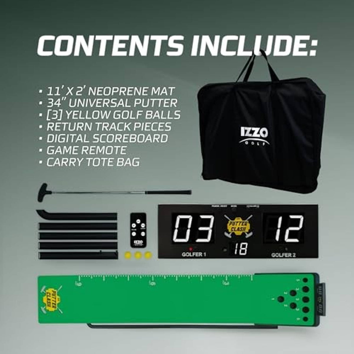 Putting game kit with green mat, remote, scoreboards, yellow balls, and carry tote