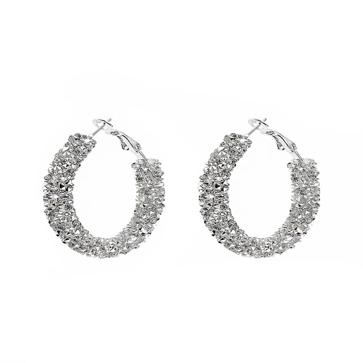 Silver-toned small hoop earrings with sparkling faceted stones, hinged back