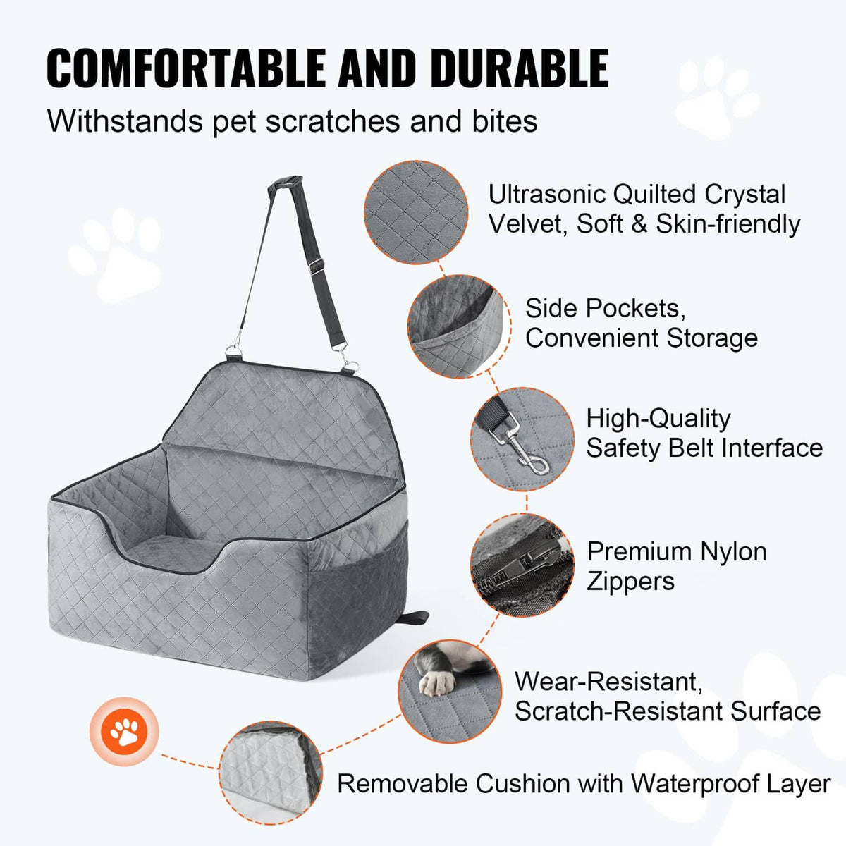 Gray quilted pet booster seat with side pockets, safety belt interface, and zippers