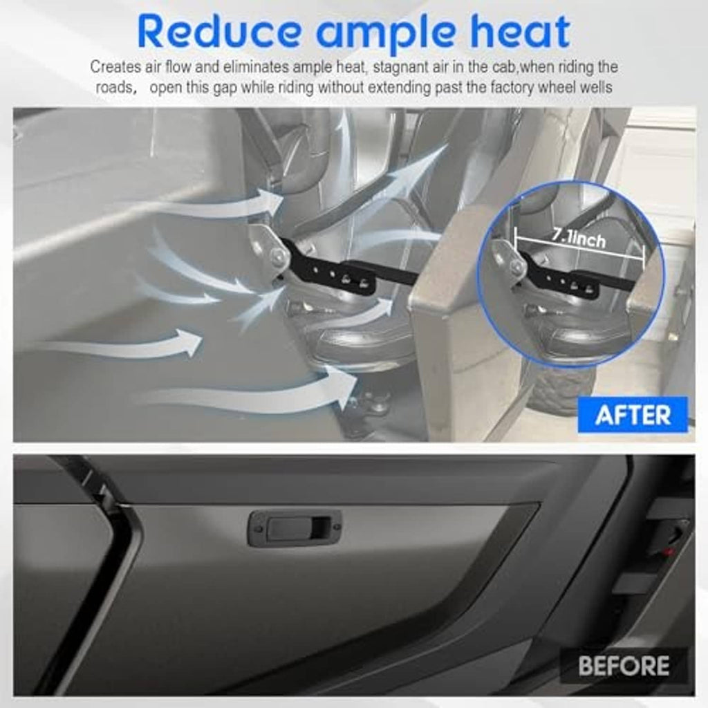 UTV door latch extender installed on cab door edge with airflow arrows for cooling