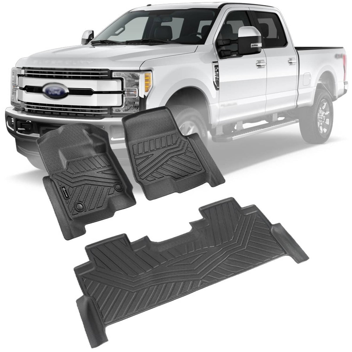 Black TPE floor mat set for front and rear, molded channels and raised edges