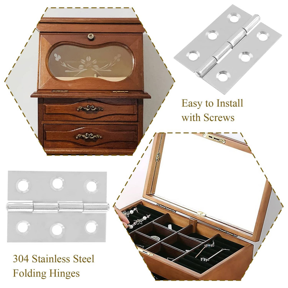 Stainless steel folding butt hinges with central pin, mounting holes, and screws