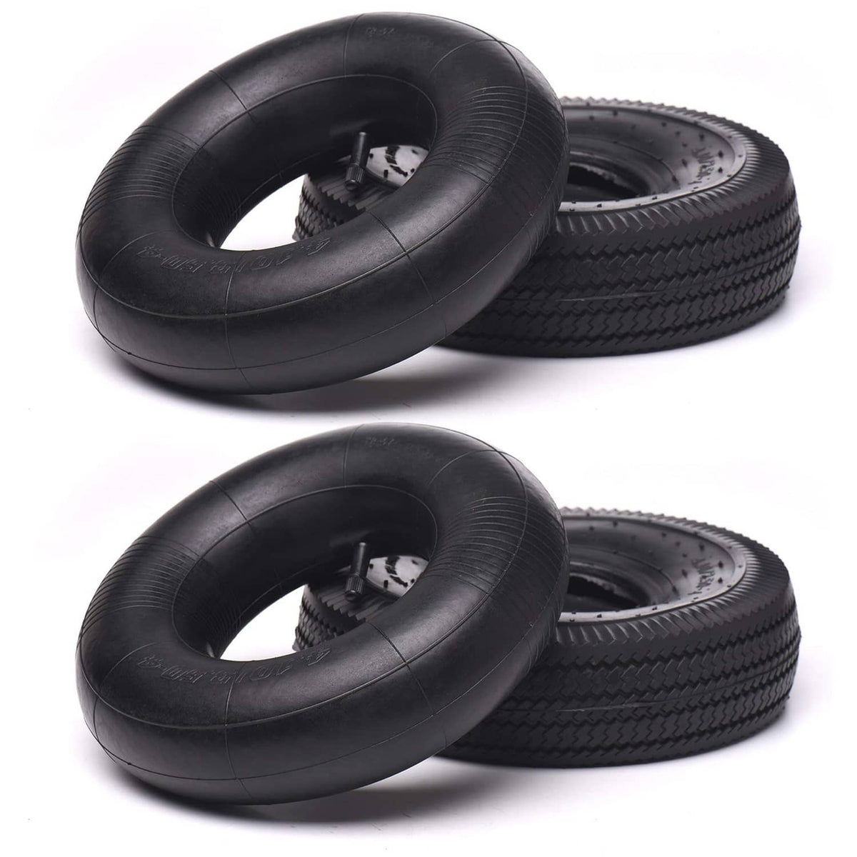 Pair of black pneumatic replacement tires and inner tubes with deep tread