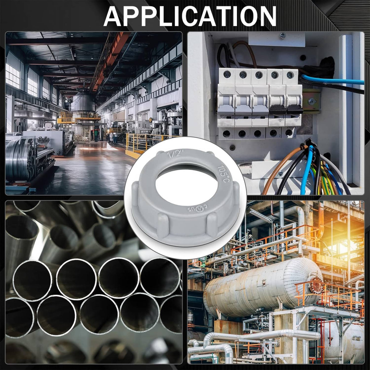 Gray threaded plastic insulating bushing, flanged design with internal threads