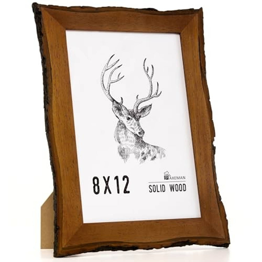 Rustic live-edge wooden picture frame with deer artwork, front view