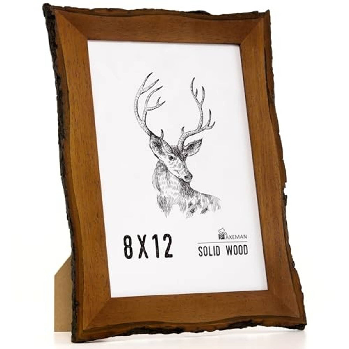 Rustic live-edge wooden picture frame with deer artwork, front view