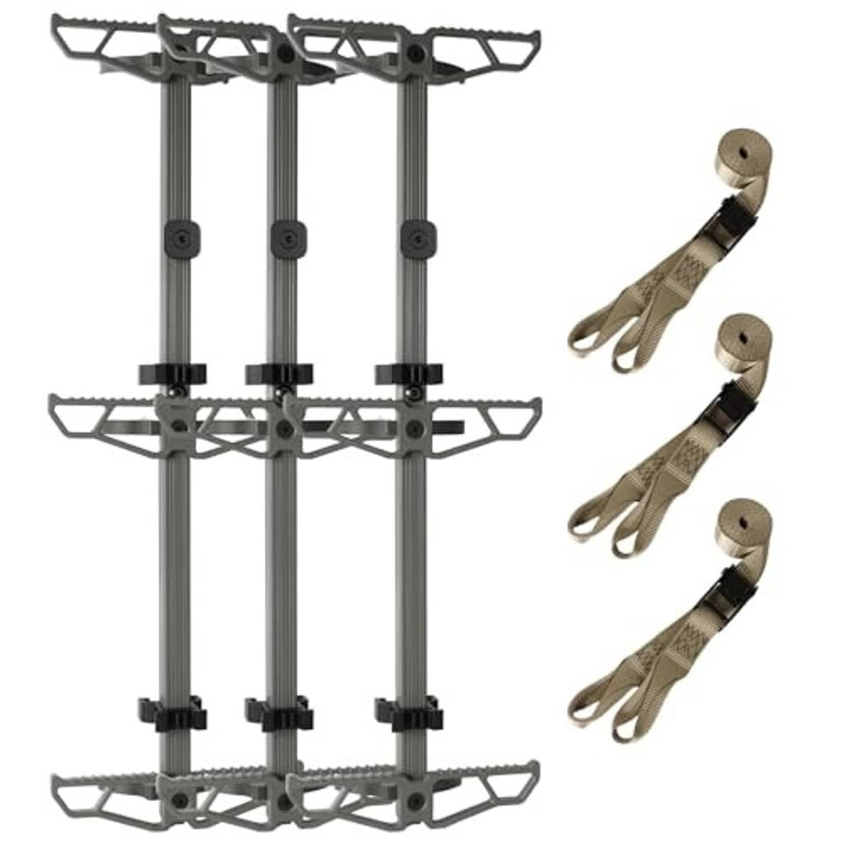 Gray aluminum tree-climbing sticks with three platform steps and side mounting straps