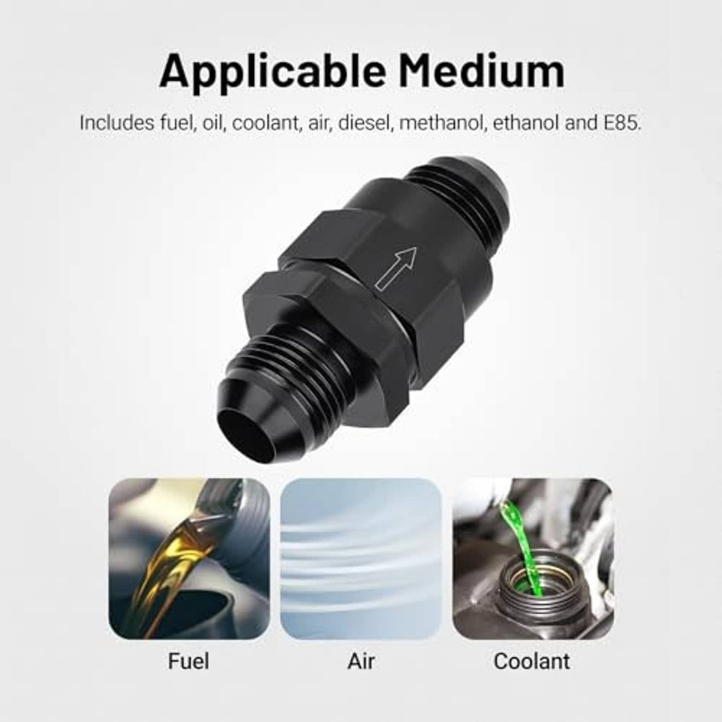 One-way check valve inline fitting for fuel, air, and coolant lines