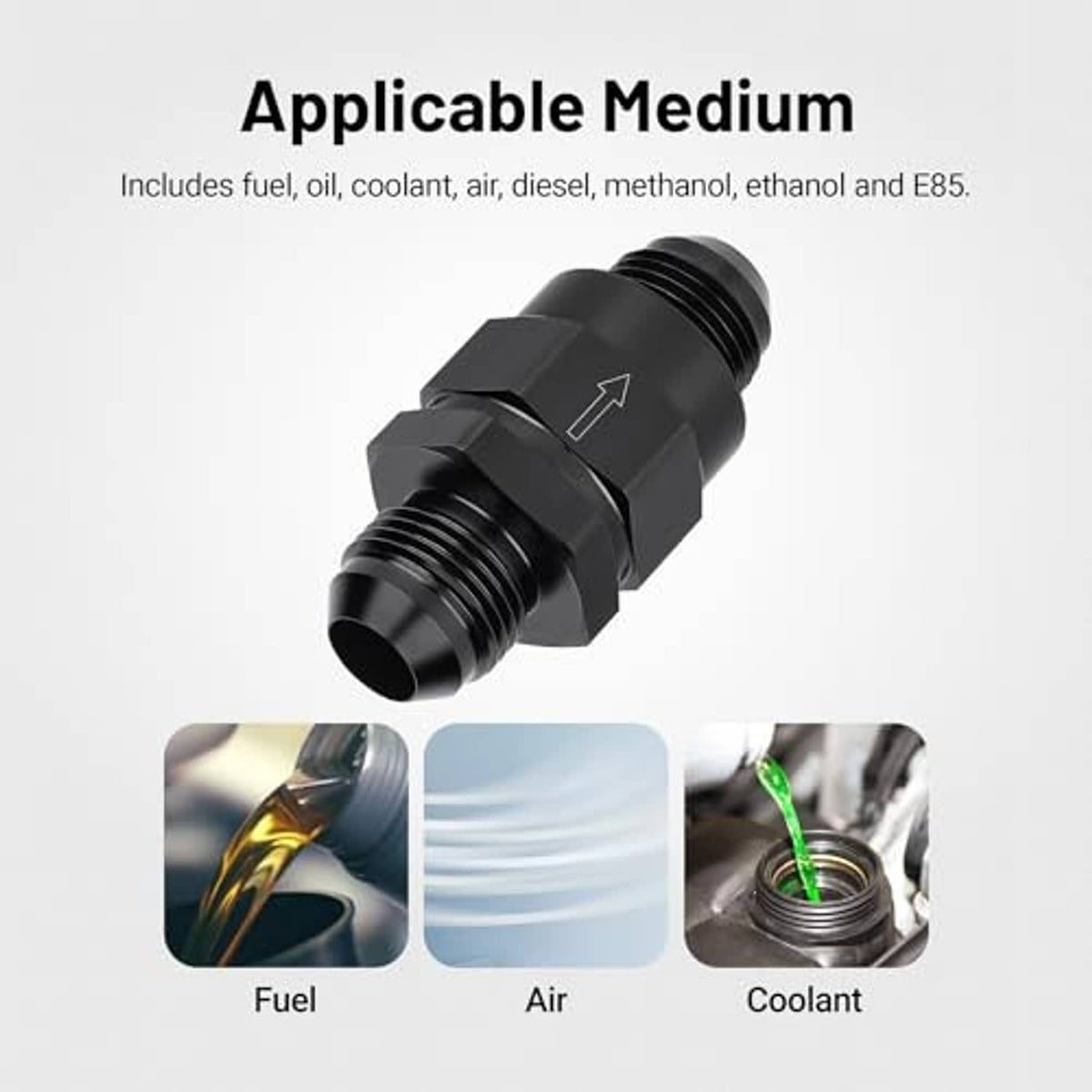 One-way check valve inline fitting for fuel, air, and coolant lines