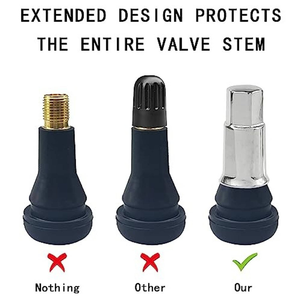 Chrome tire valve stem cap with black rubber base shown beside similar caps