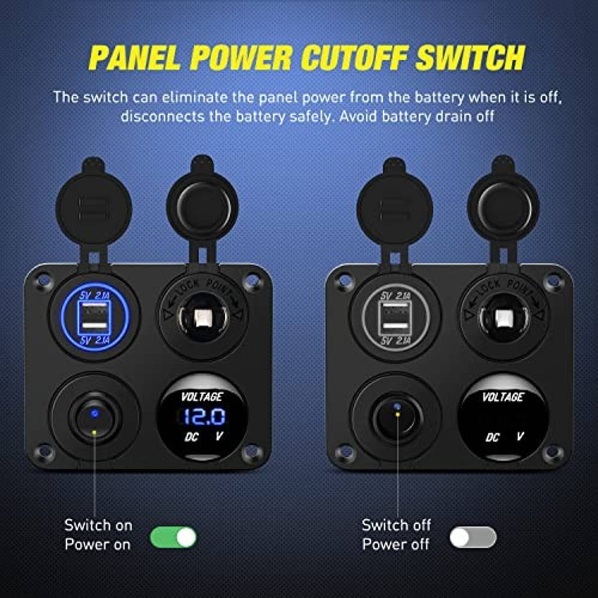 Black charger panel showing power cutoff switch on/off positions with dual USB and voltmeter
