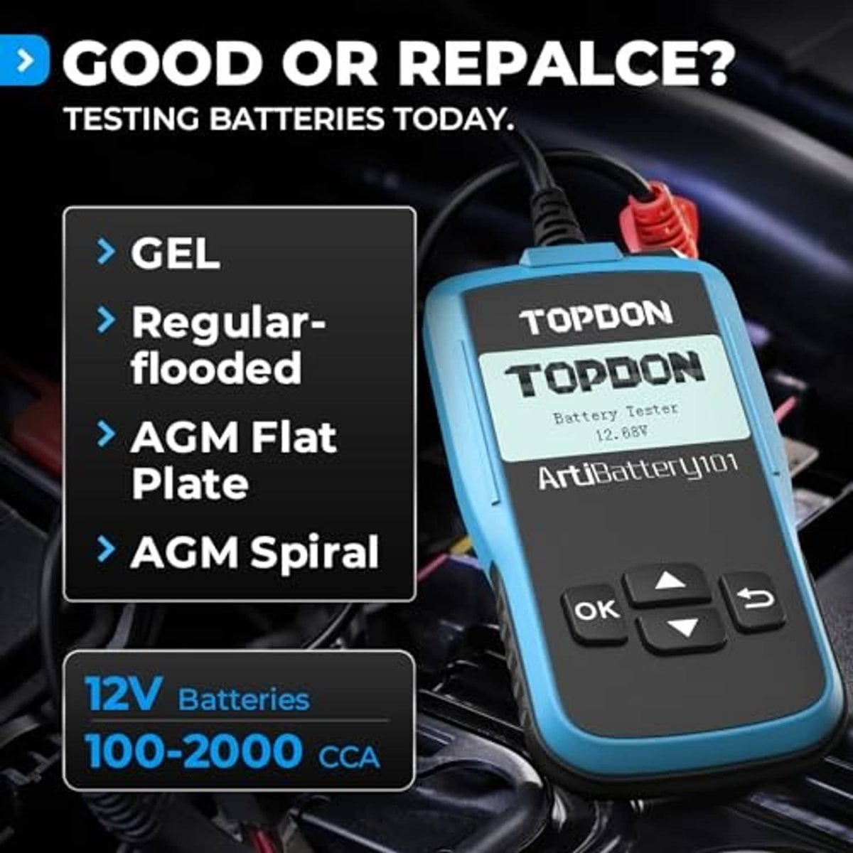 AB101 12V battery tester with clamp leads and battery compatibility icons
