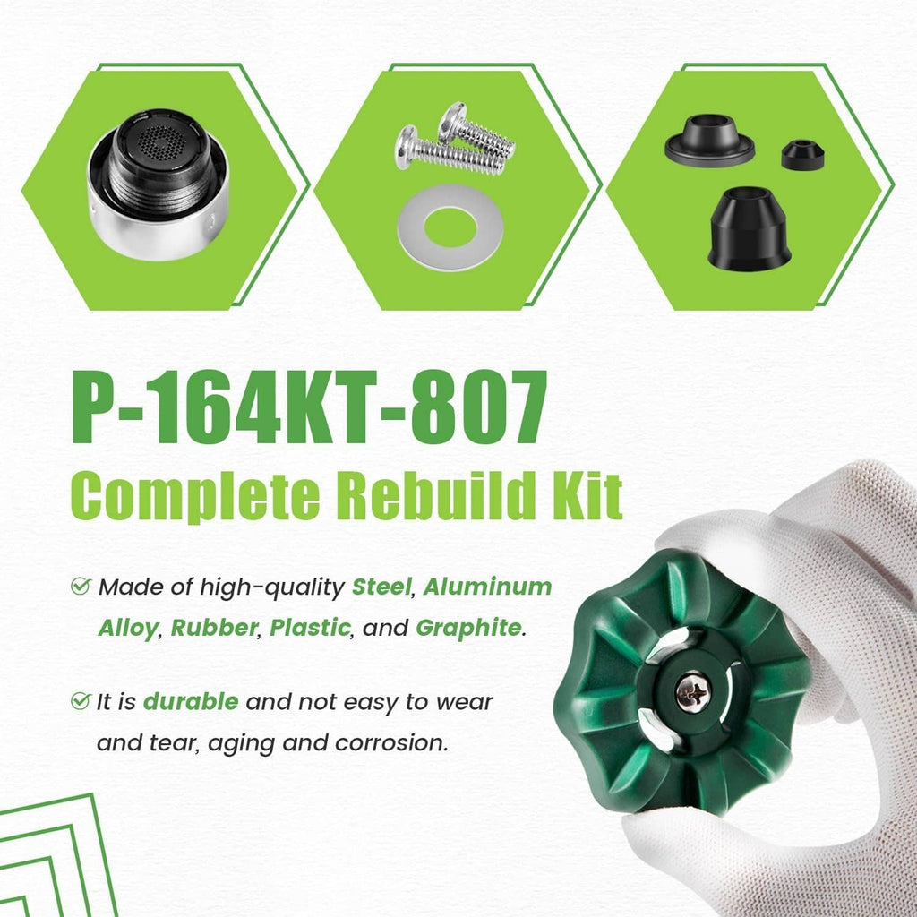 Complete rebuild kit with green handle wheel, black caps, and silver metal components