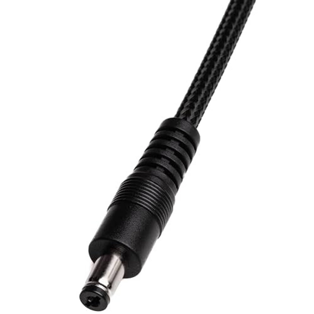 Black braided adapter cable with 12V DC barrel plug and metal tip