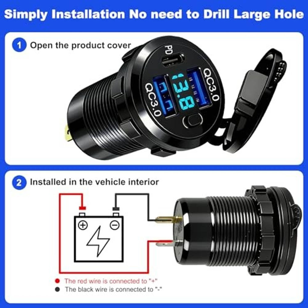 Black 12V car USB charger showing quick installation steps and wiring connection diagram