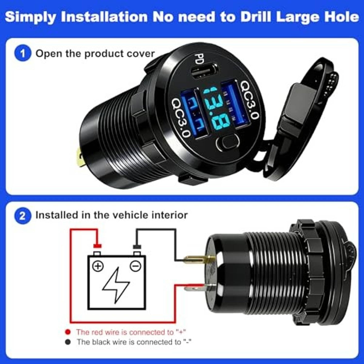 Black 12V car USB charger showing quick installation steps and wiring connection diagram