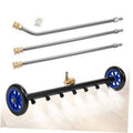 Pressure washer undercarriage cleaner water broom with black bar, blue wheels, and brass fittings