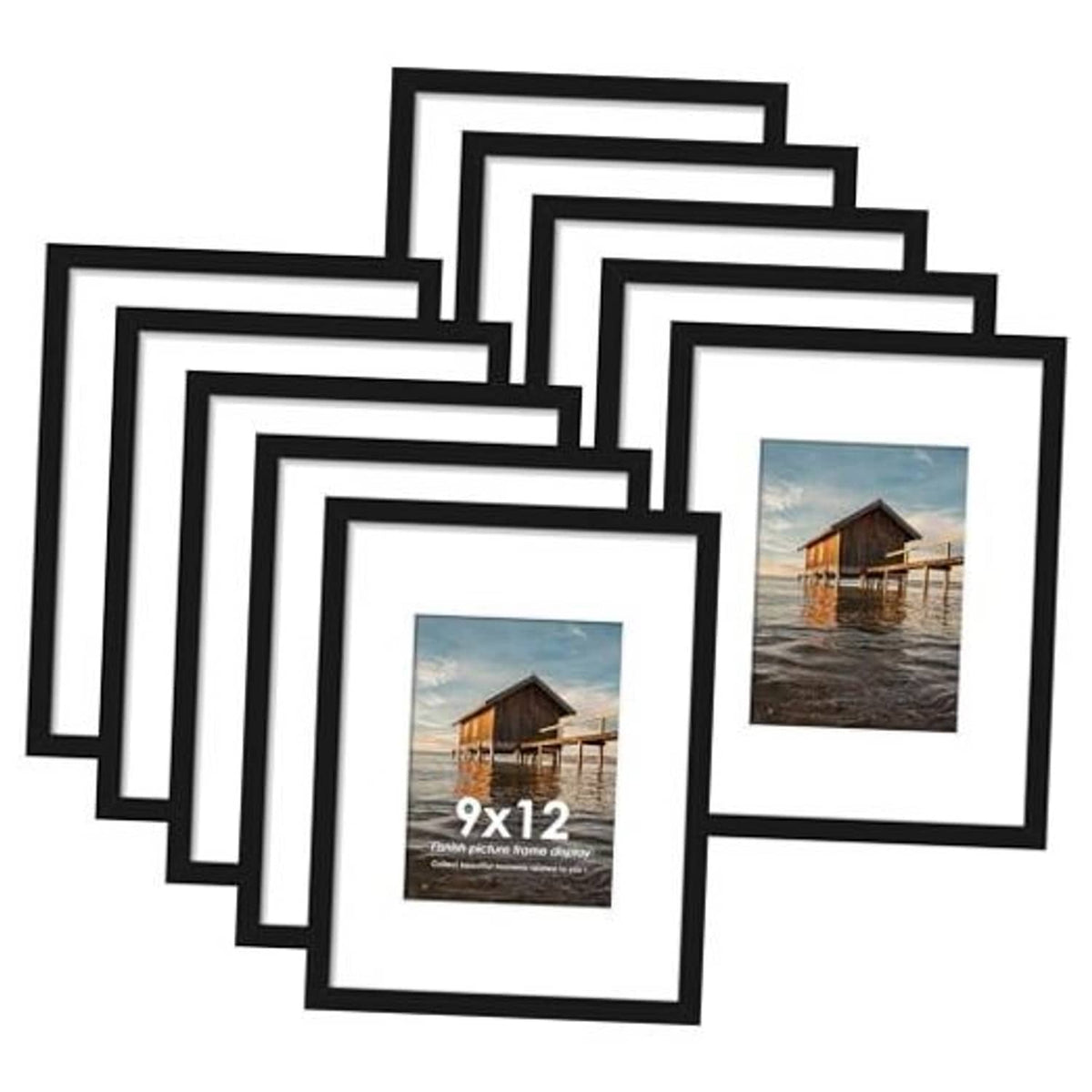 Set of black picture frames with white mats for multiple photos, grouped for display