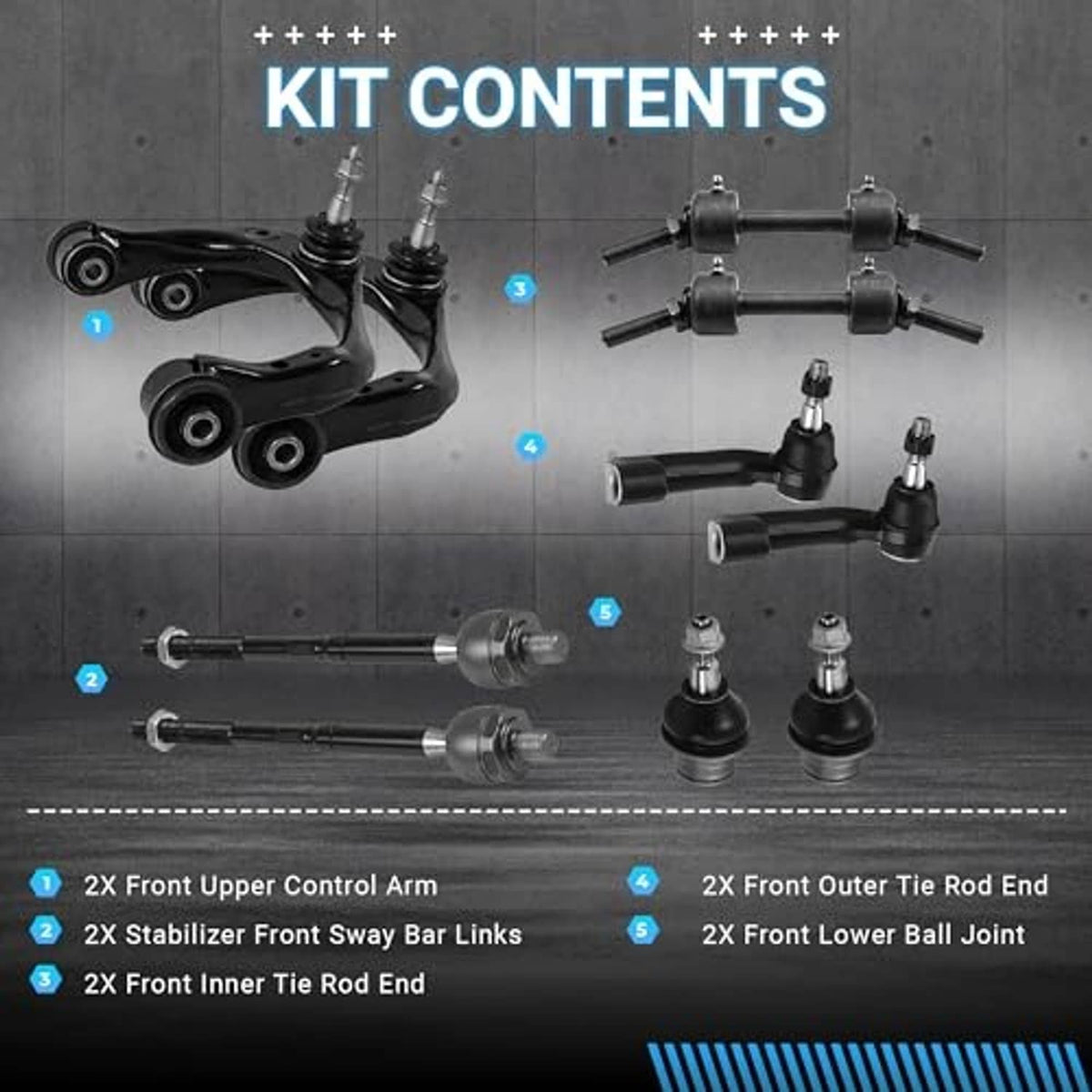 Kit contents diagram showing black control arms, links, and ball joint ends