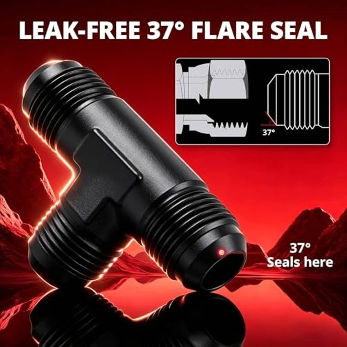 Black male 10AN flare T-union seal fitting, 37° flare ends on three ports