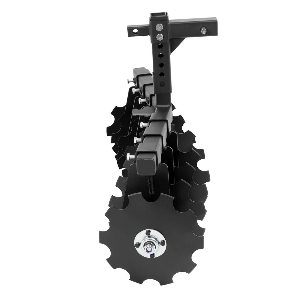 Vertical disc harrow with blade set, hitch hardware, and mounting hub