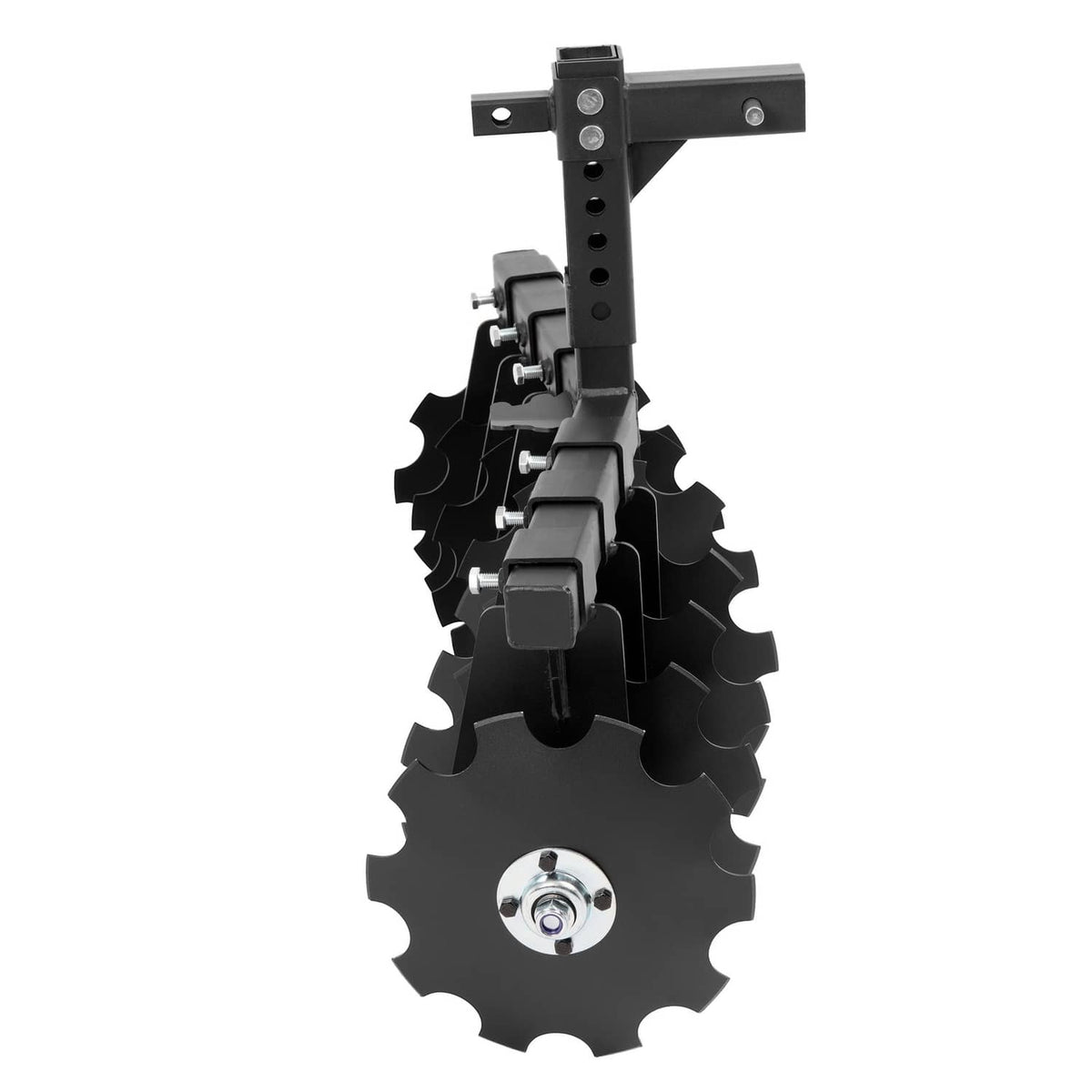 Vertical disc harrow with blade set, hitch hardware, and mounting hub