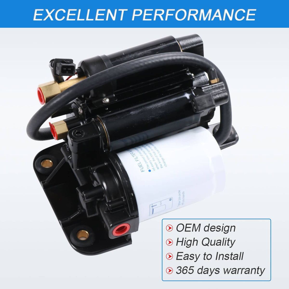 Electric fuel pump assembly, black pump with white filter canister and electrical plug