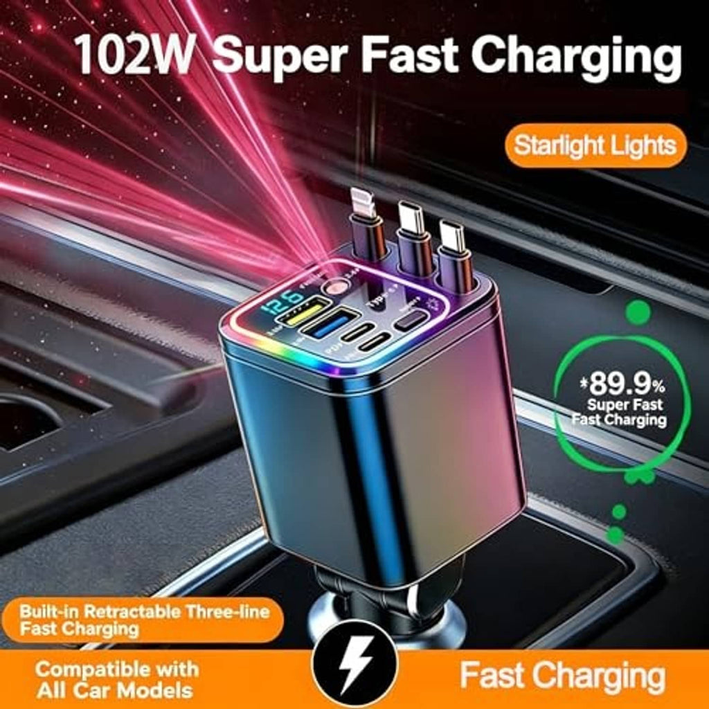 Retractable car charger with glowing edge lights and three port heads, black
