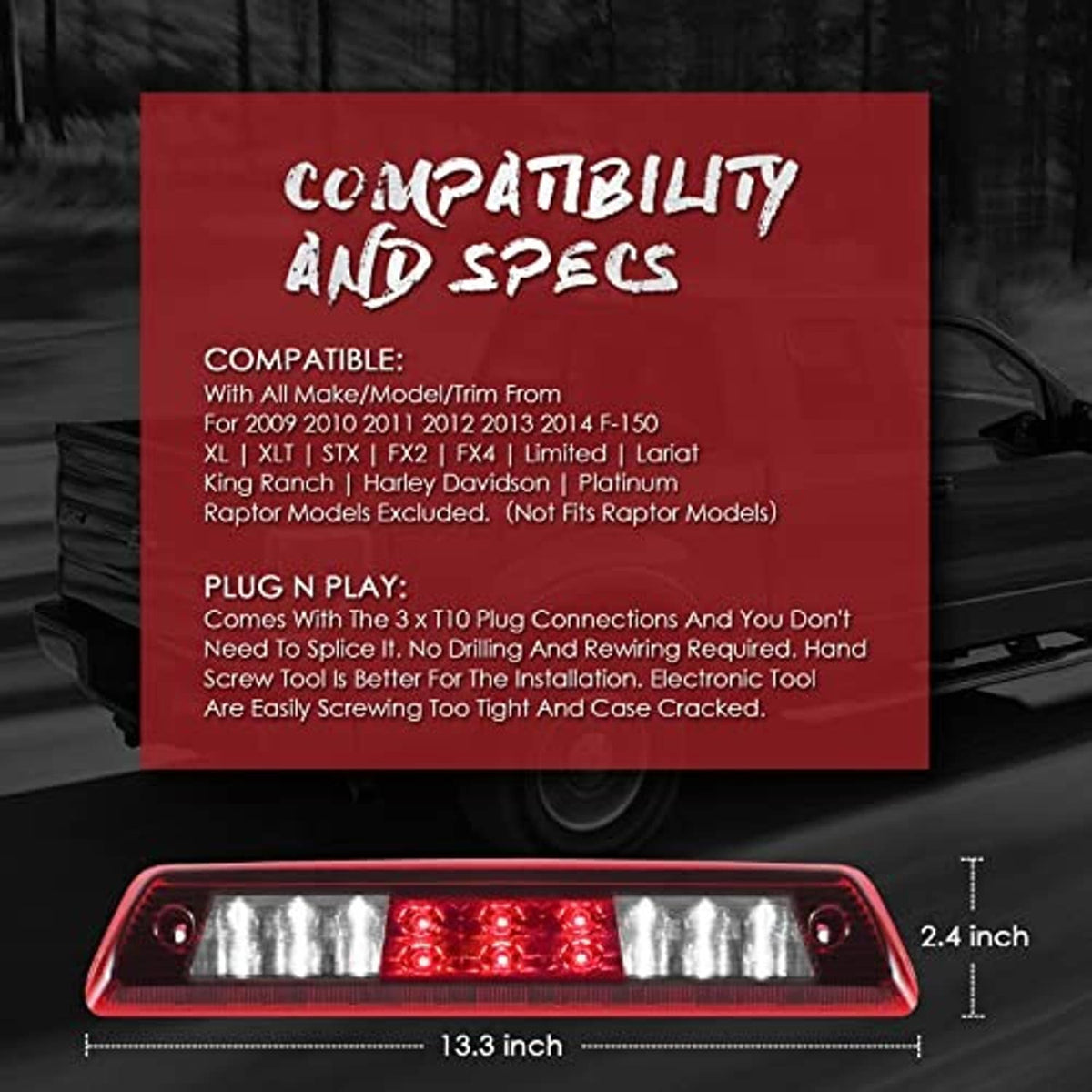 Compatibility-ready rear brake light replacement with red lens and clear LED sections