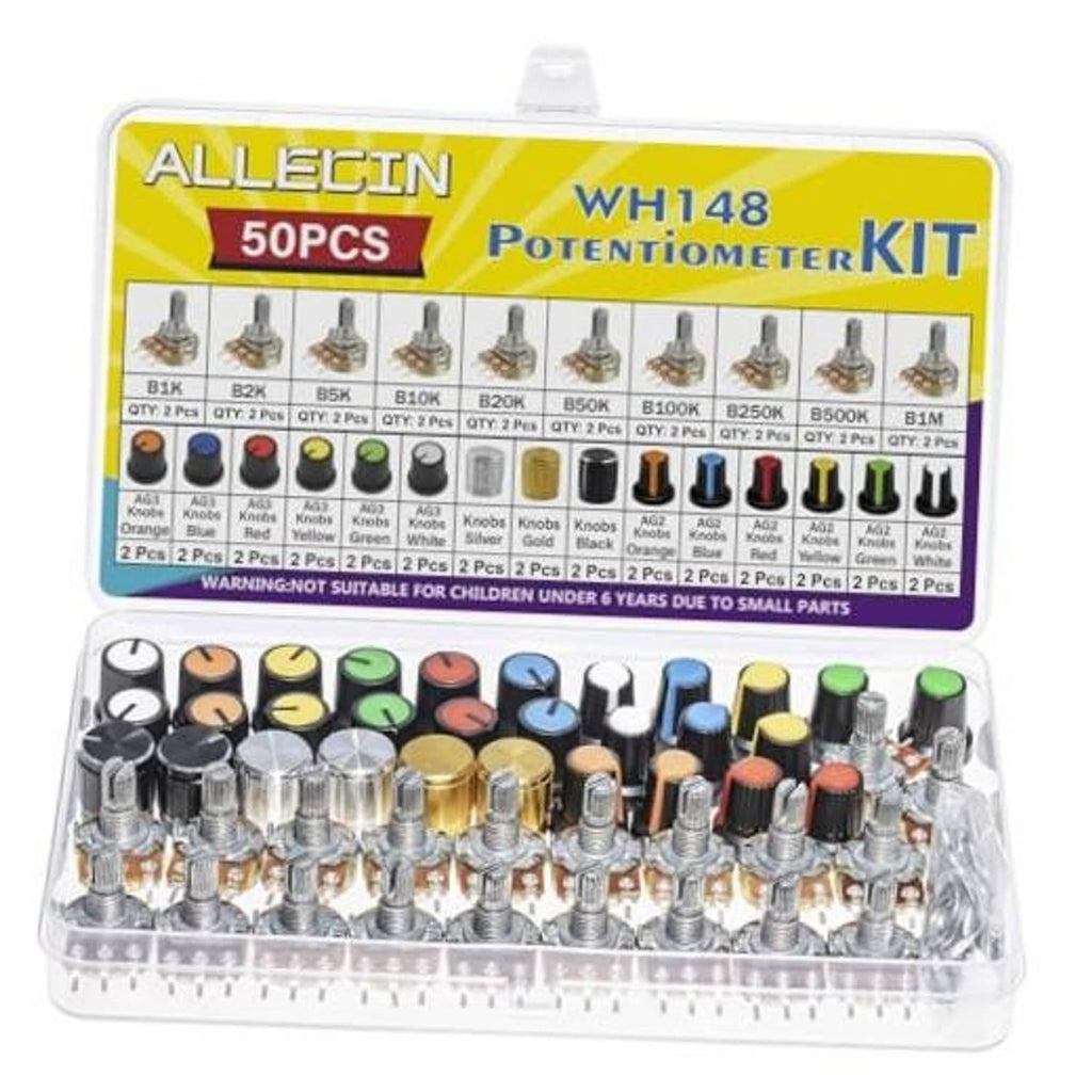 Potentiometer kit case with assorted single-turn potentiometers and labeled resistance values