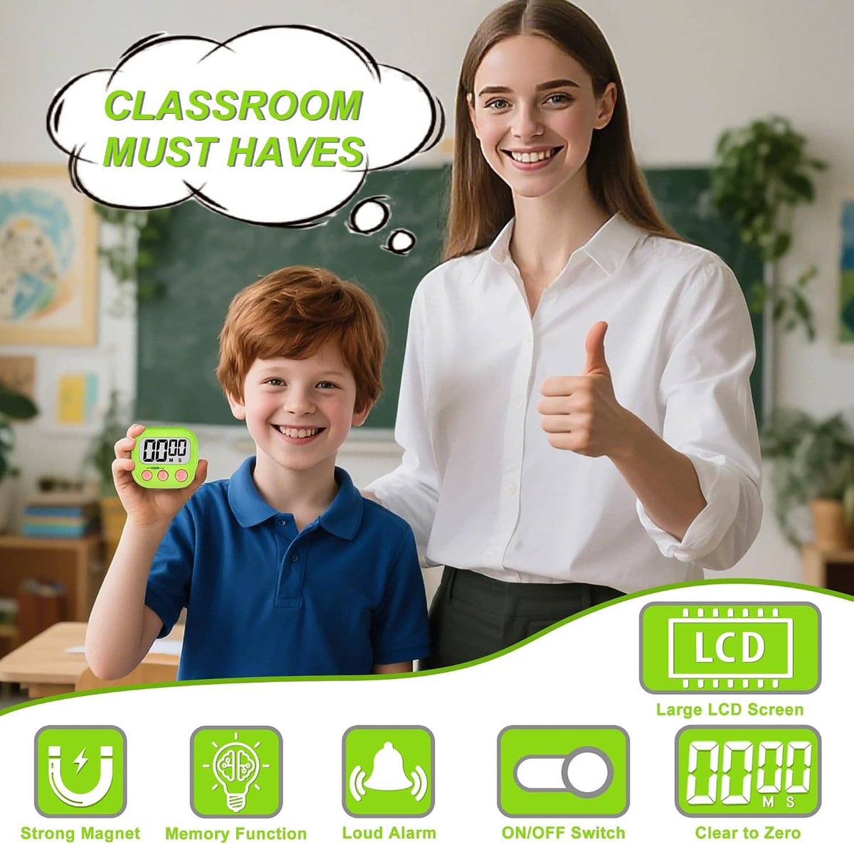 Handheld kids digital timer with LCD screen and buttons, teal body held in a classroom