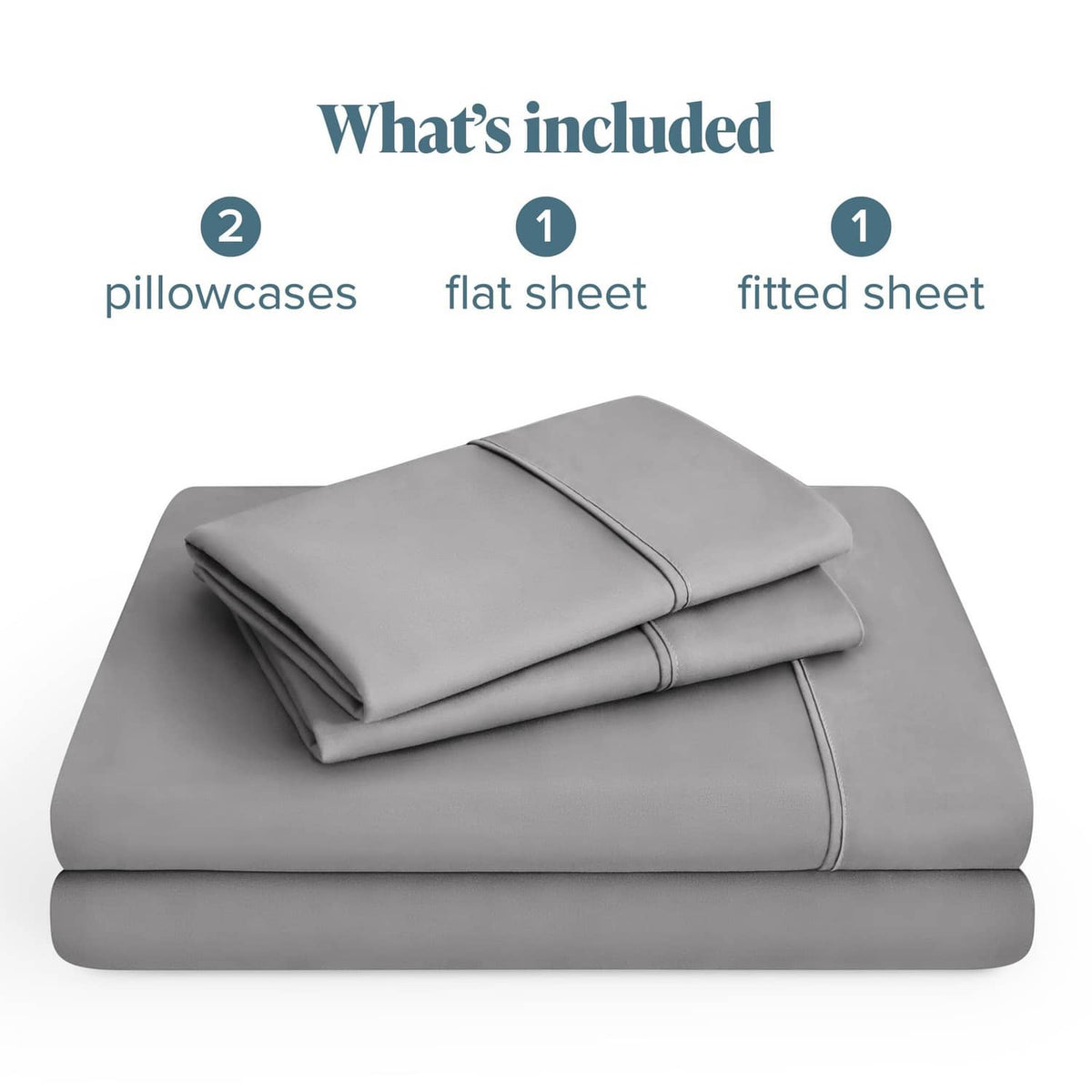 Light grey folded sheet set stack: flat sheet, fitted sheet, plus two pillowcases