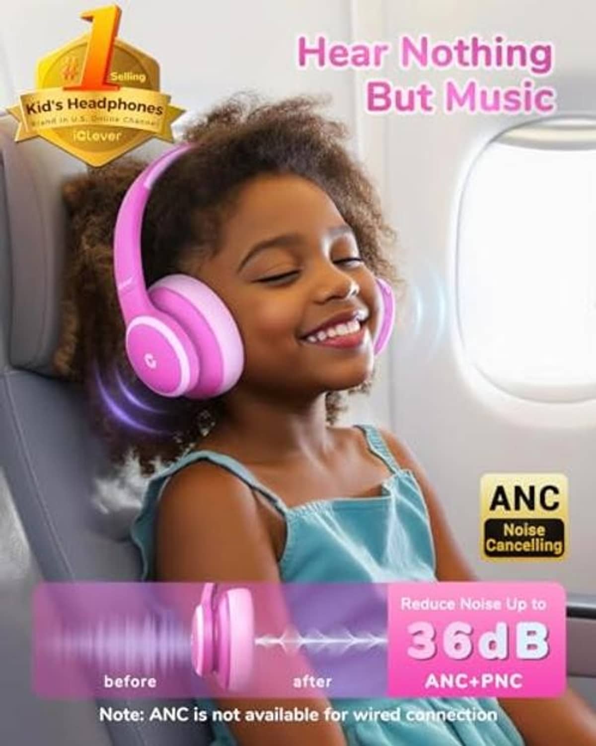 Rose pink kids over-ear headphones worn by child for listening