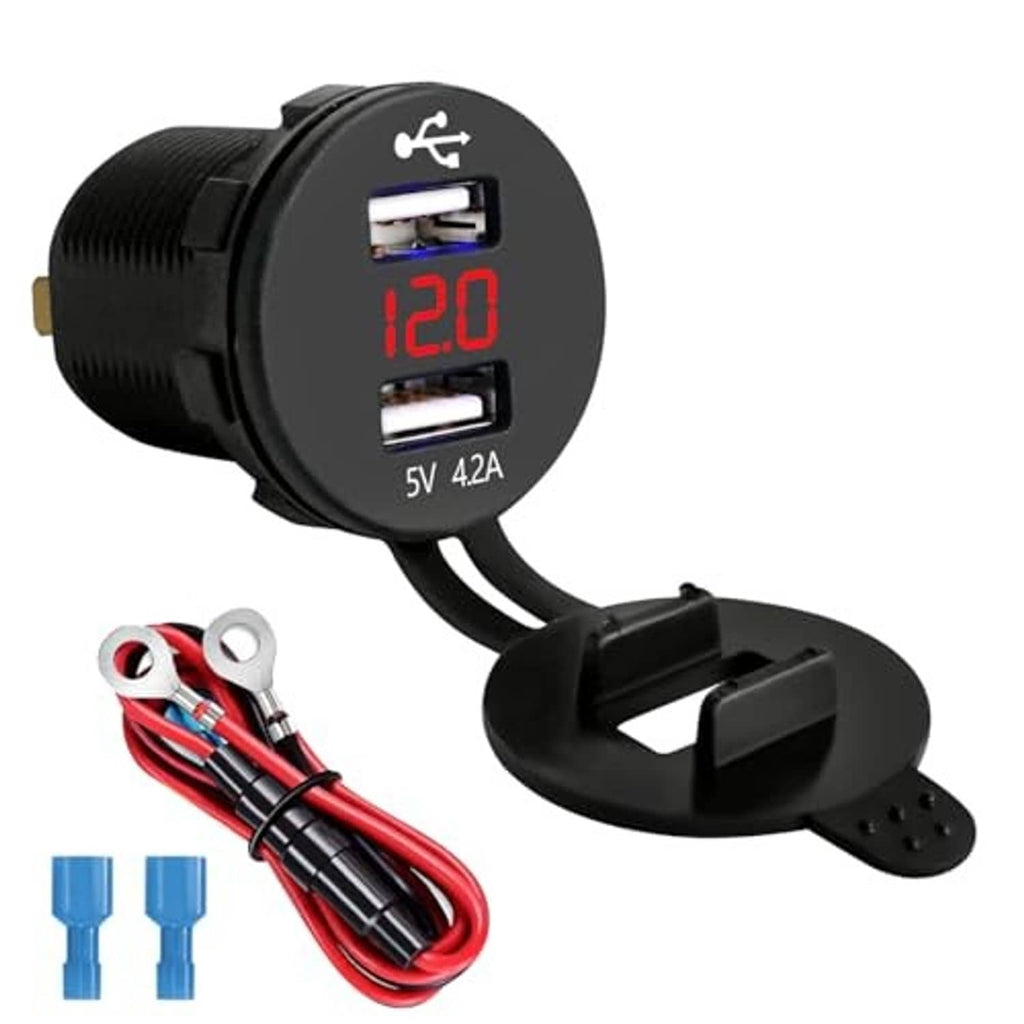 Black dual USB car charger with red LED volt display, two USB ports, mounting base