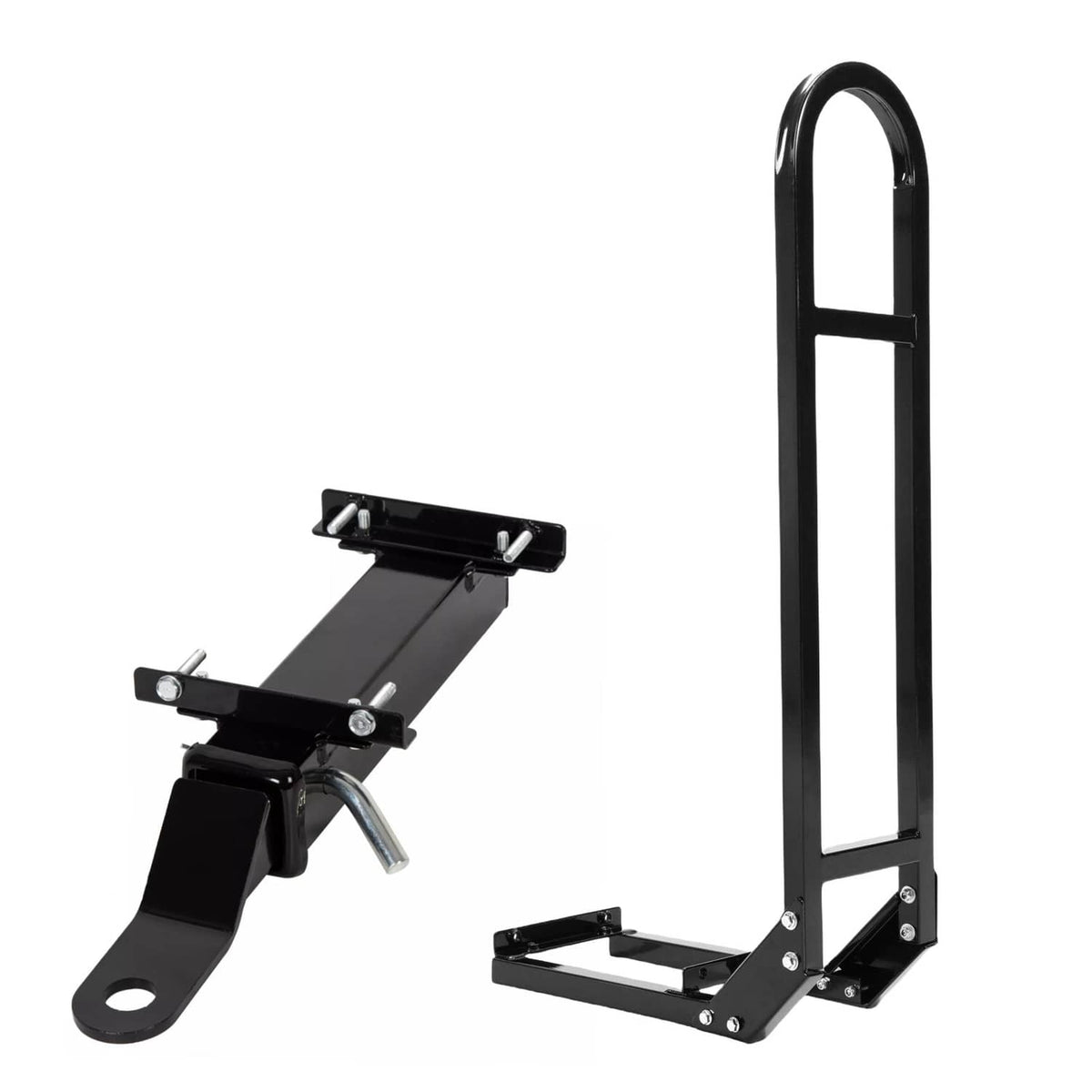 Black U-frame safety grab bar with rear footrest platform and mounting bracket